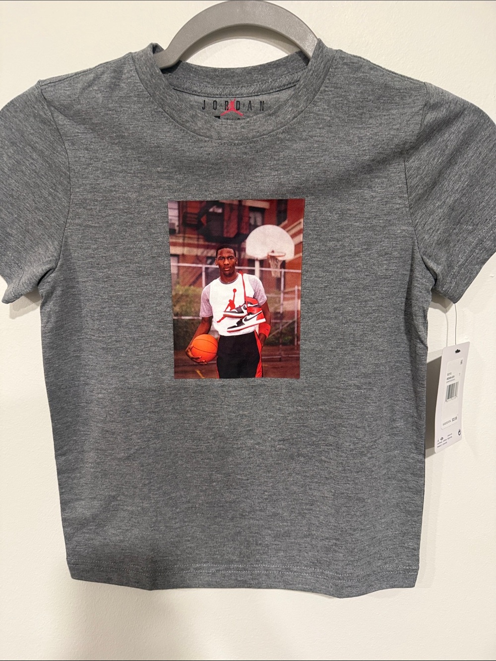 Jordan Gray Short-Sleeve Tee with Basketball Photo Graphic